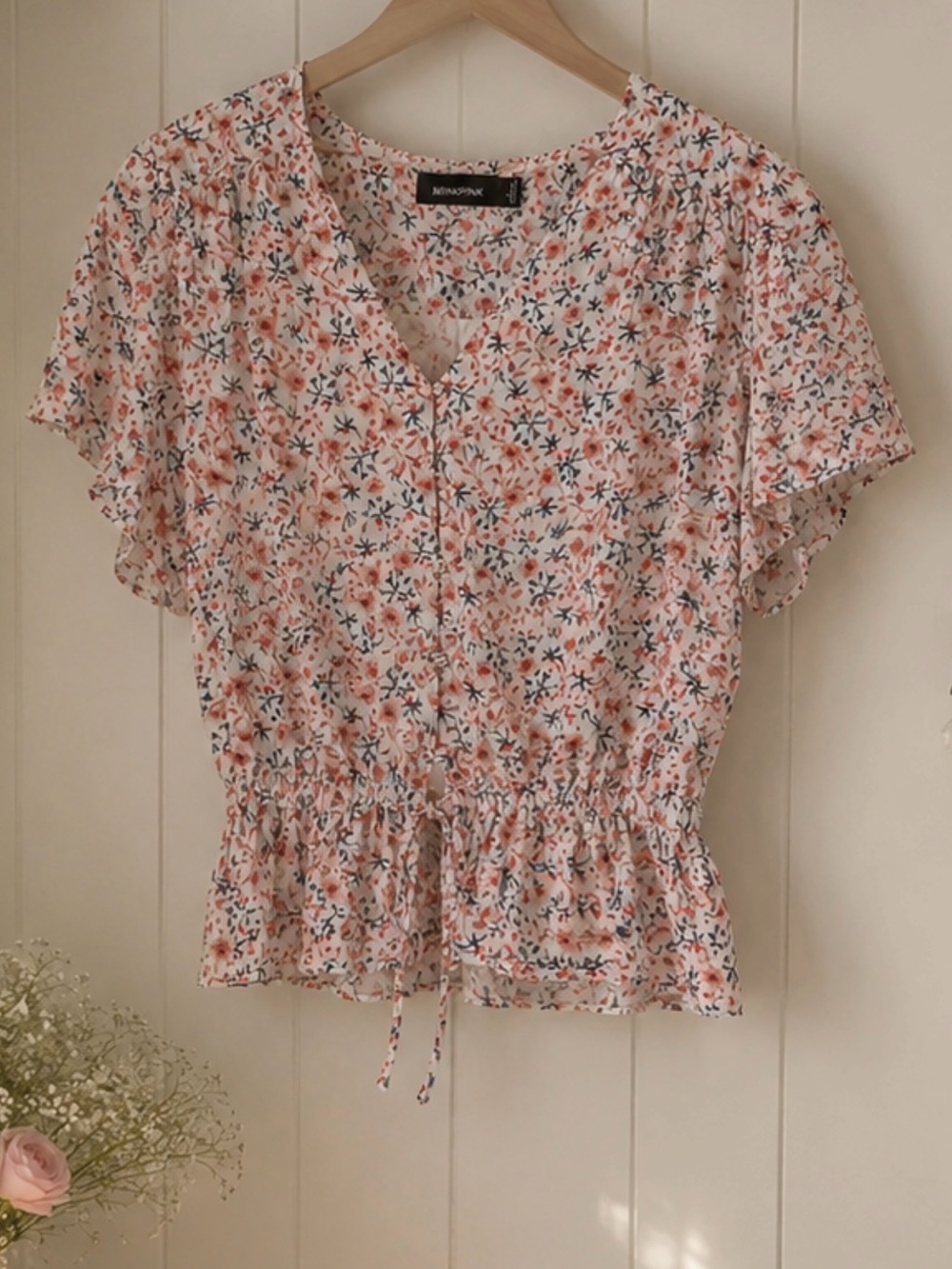 MINKPINK Floral Peplum Blouse Boho Cottagecore Tie Waist Top Size Small